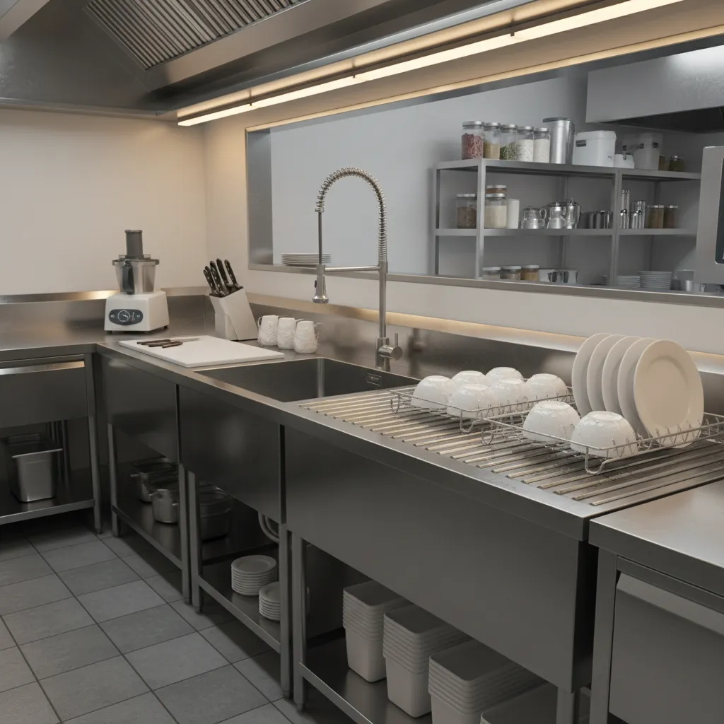 commercial sink with drainboard for air drying dishes