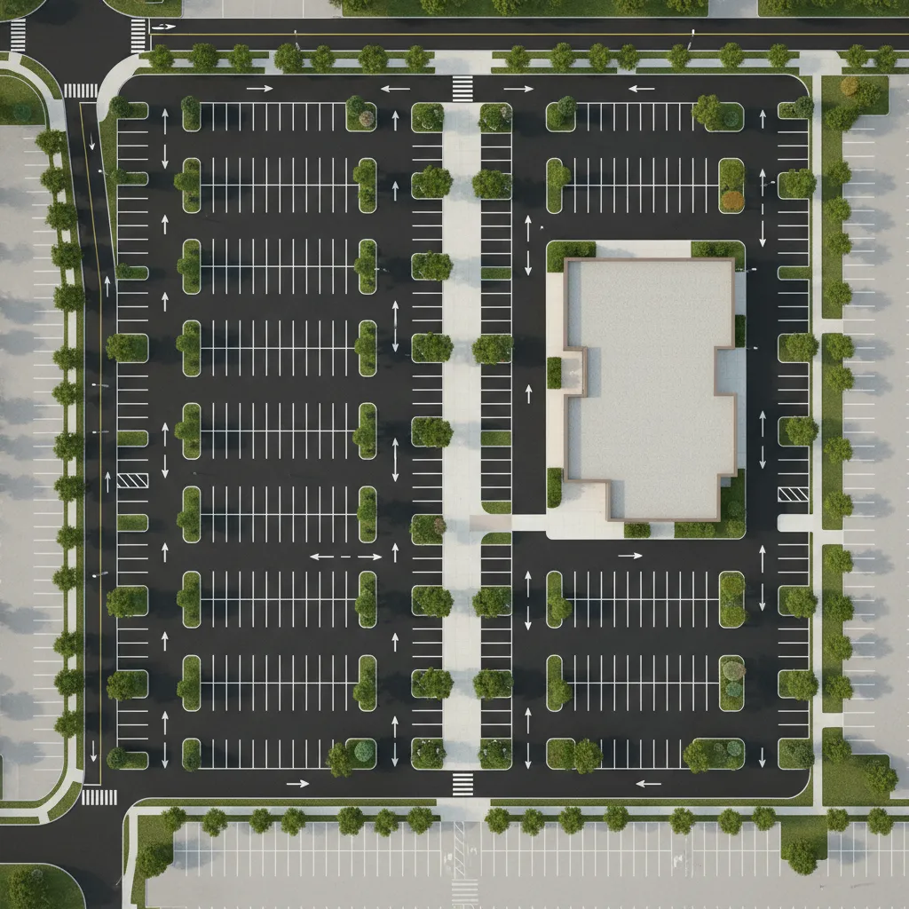Commercial site plan with parking layout vehicle circulation and pedestrian pathways