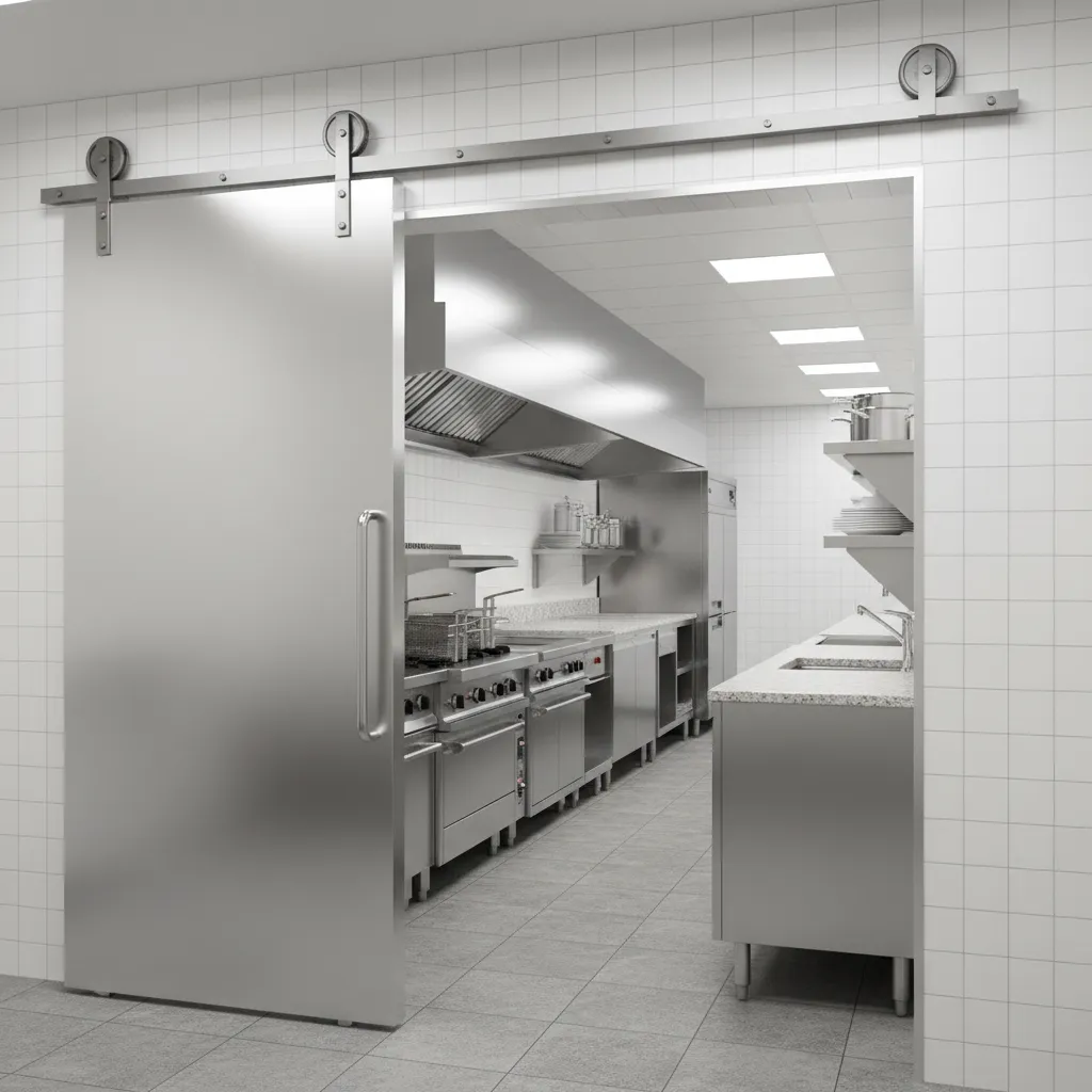 Stainless steel sliding kitchen door on track in commercial restaurant kitchen