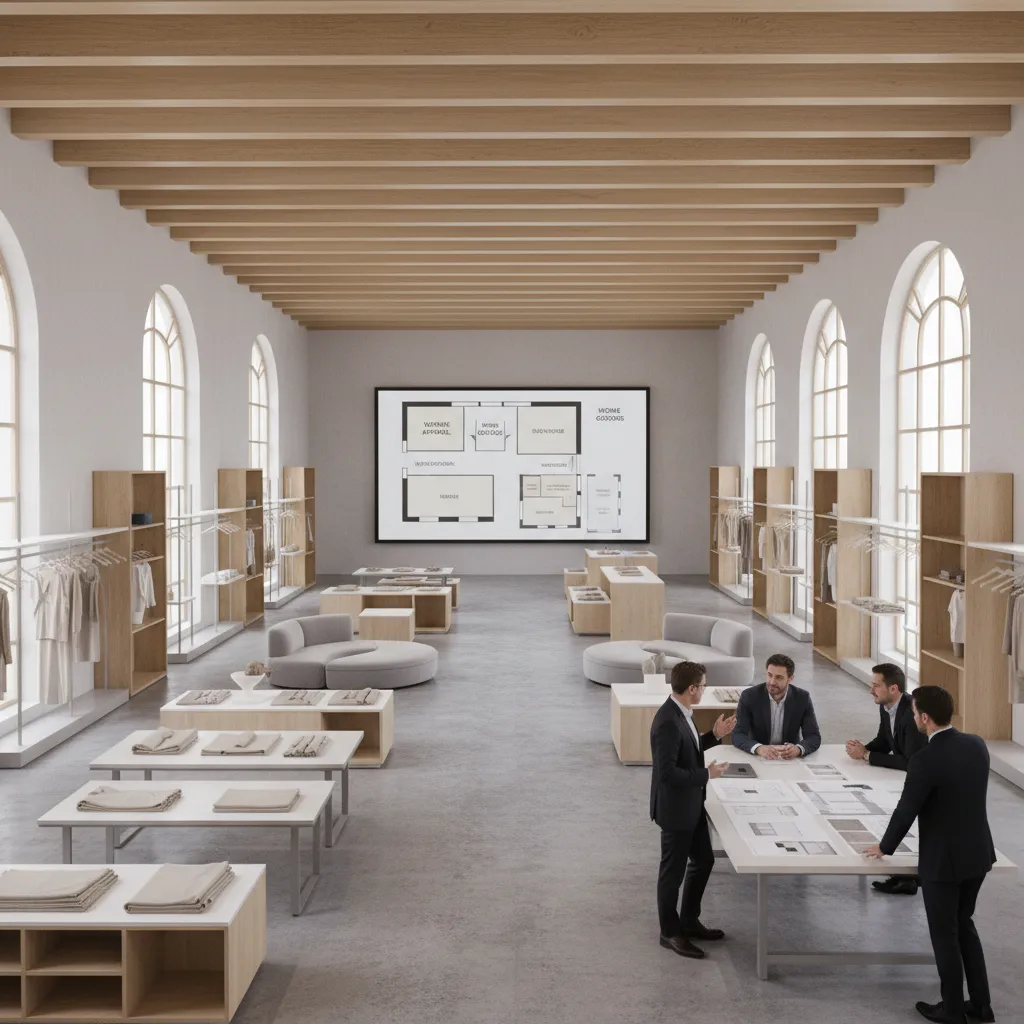 Men in suits discussing store layout plans inside a modern showroom with large arched windows