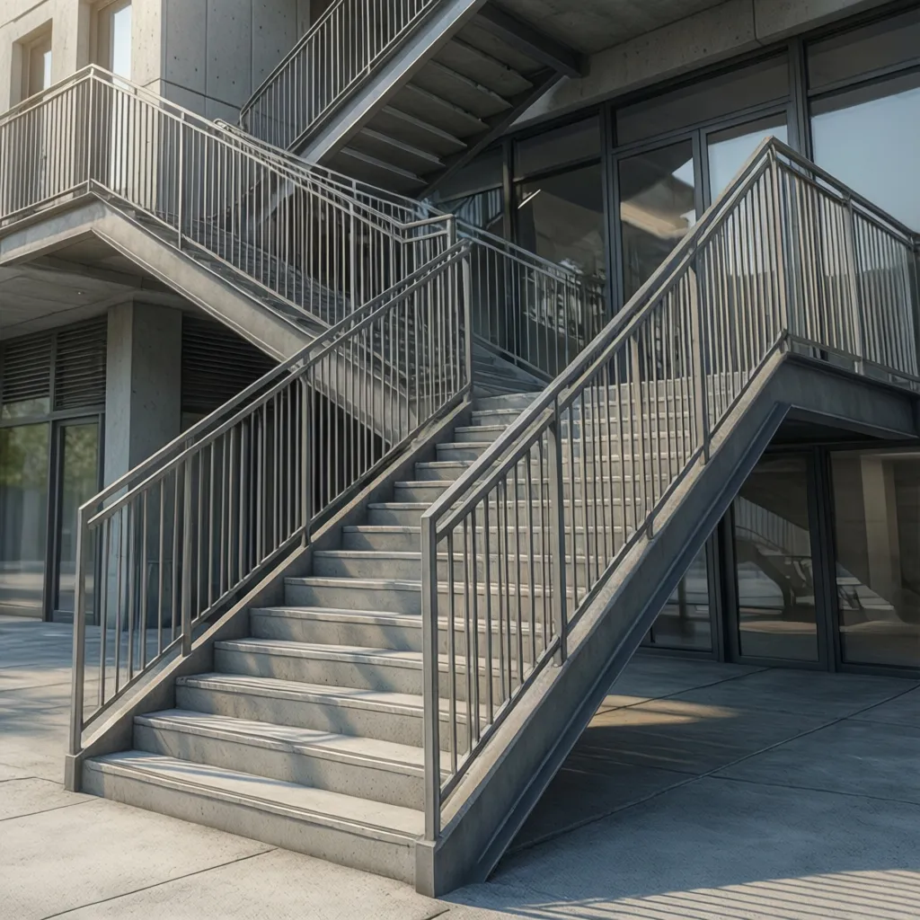 Exterior commercial staircase with modern metal safety railing