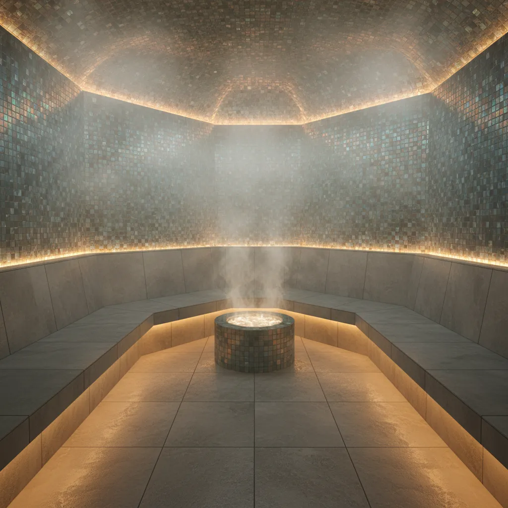 Steam room bench tiers with ergonomic seating height in tiled spa environment
