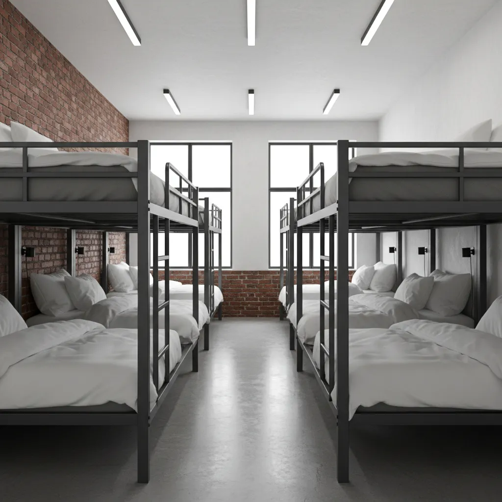 Durable steel frame commercial bunk beds used in hostel or dormitory setting