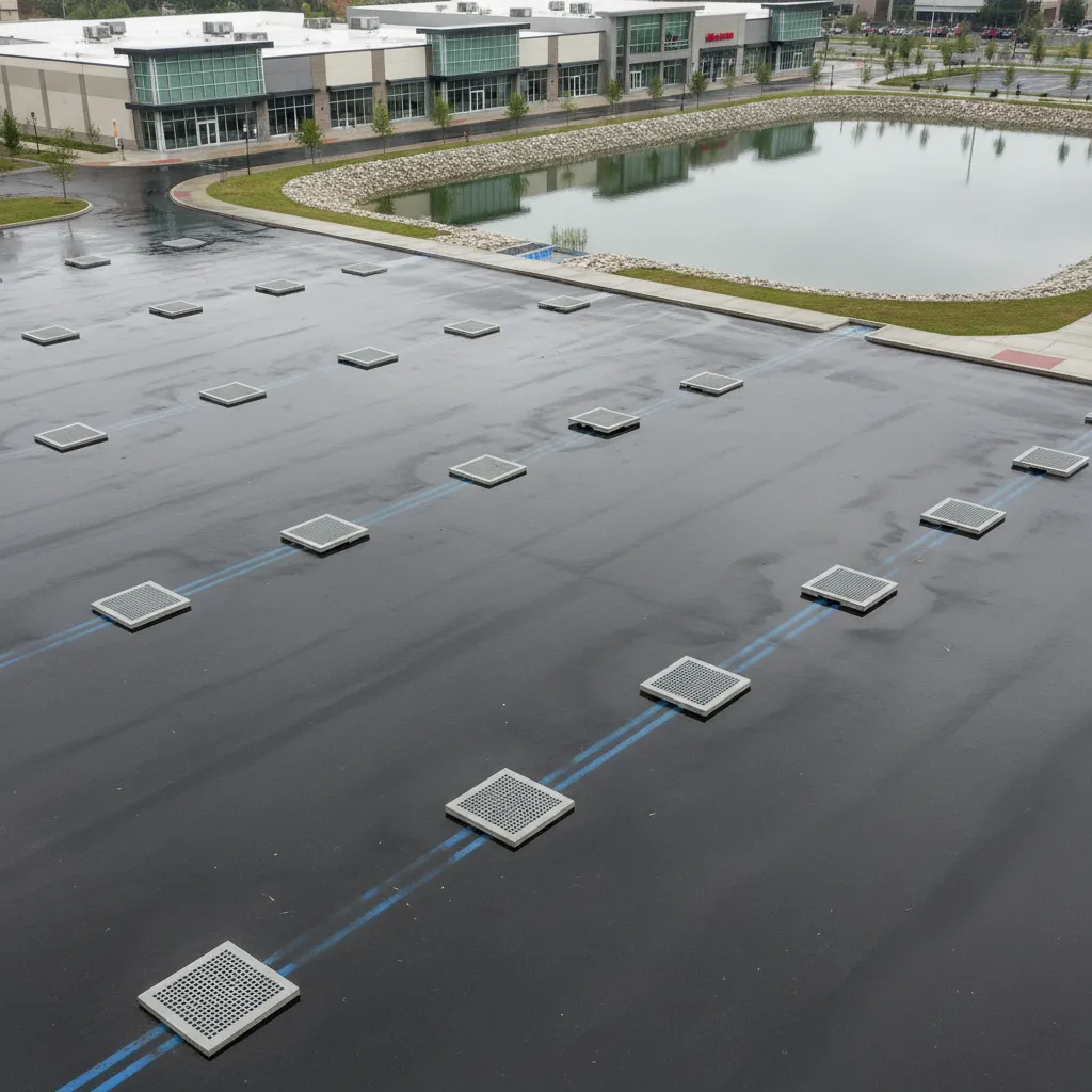 Commercial parking lot with catch basins and stormwater drainage infrastructure