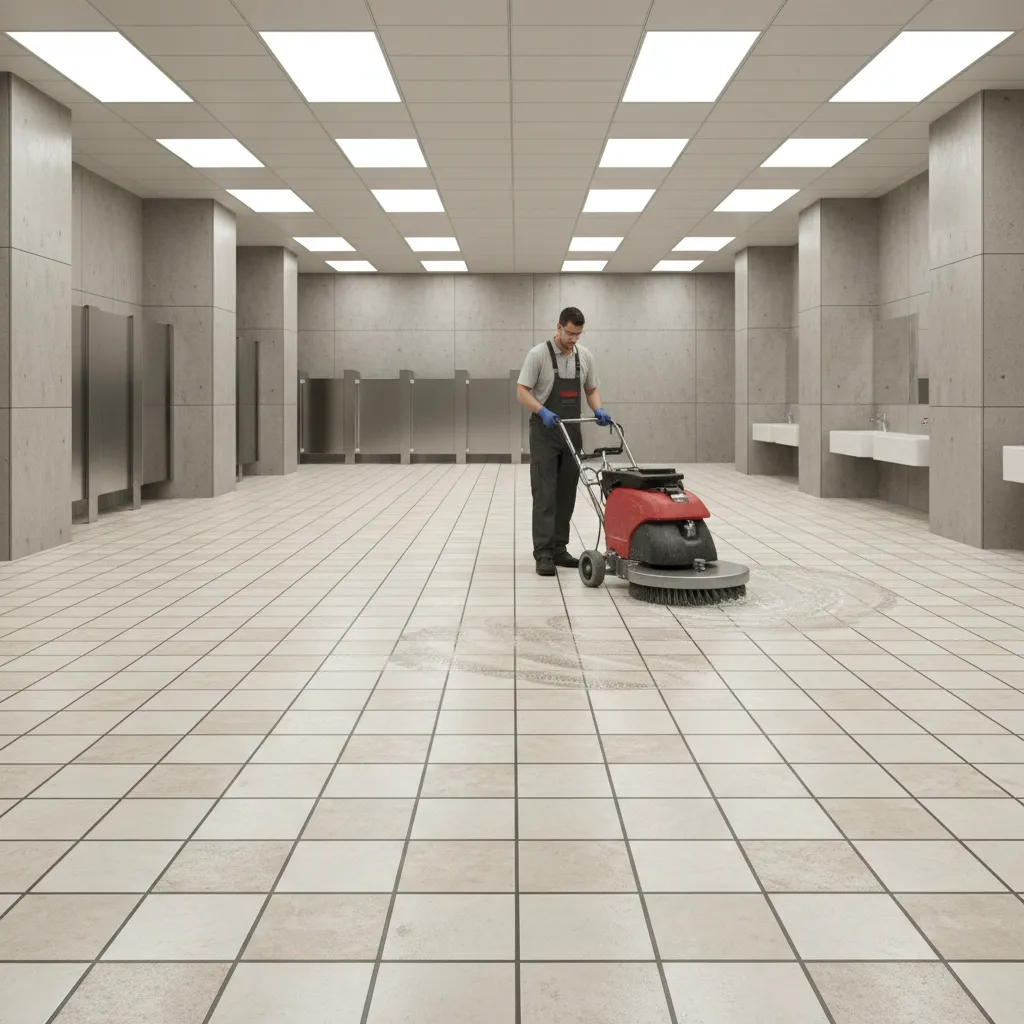 Rotary floor machine cleaning large commercial tile floor