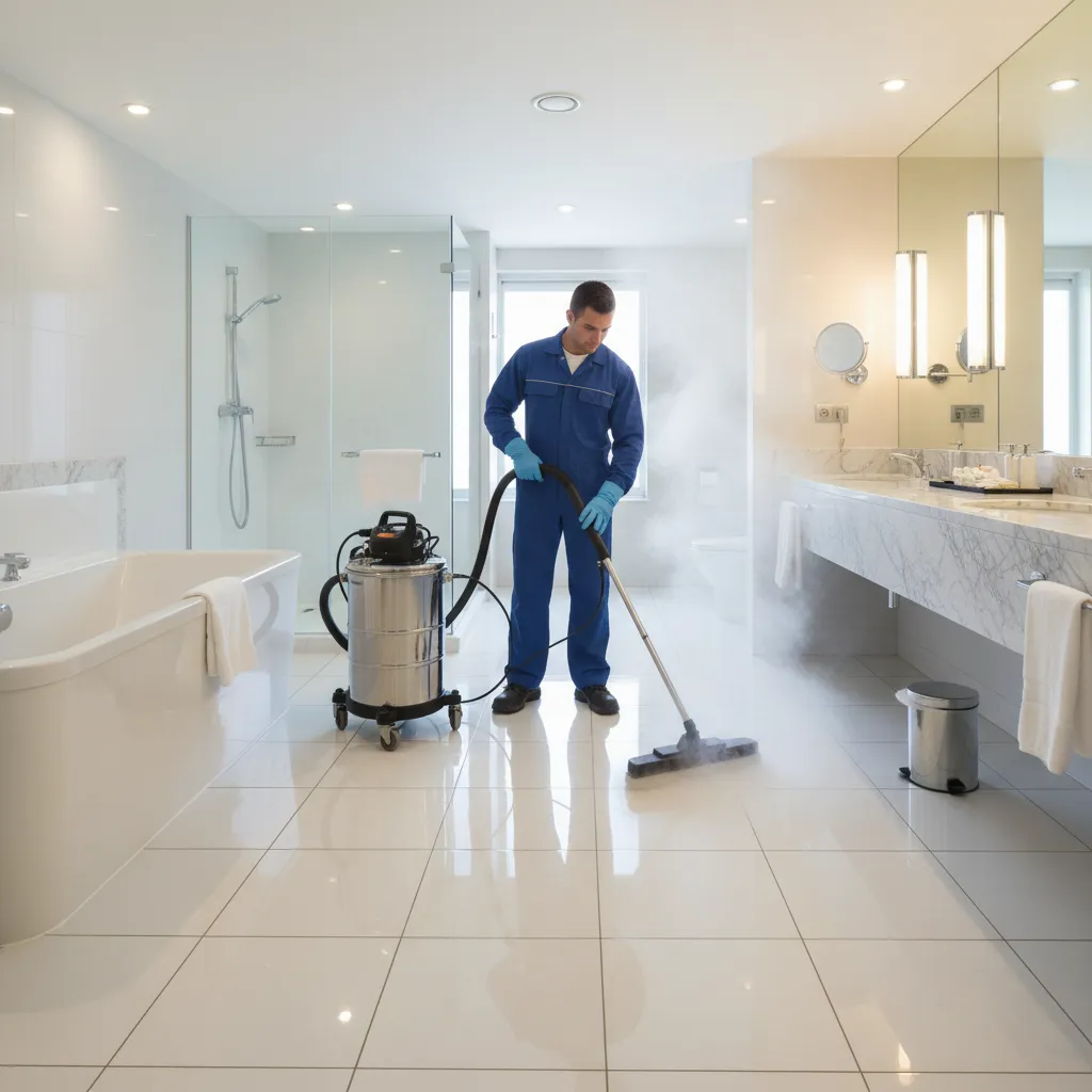 steam cleaning machine restoring bathroom tile surfaces in commercial environment