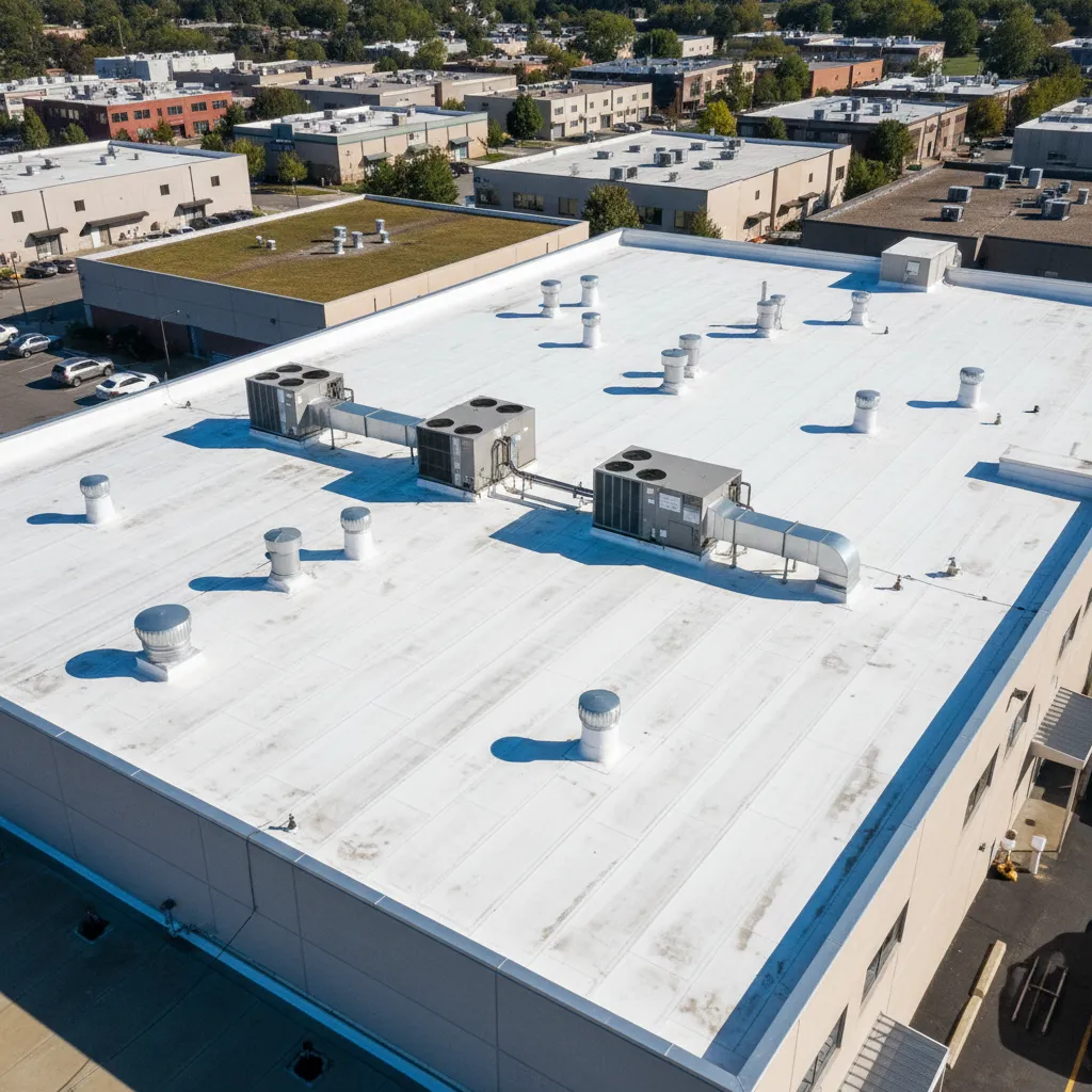 Wide view of commercial flat TPO roof with HVAC units