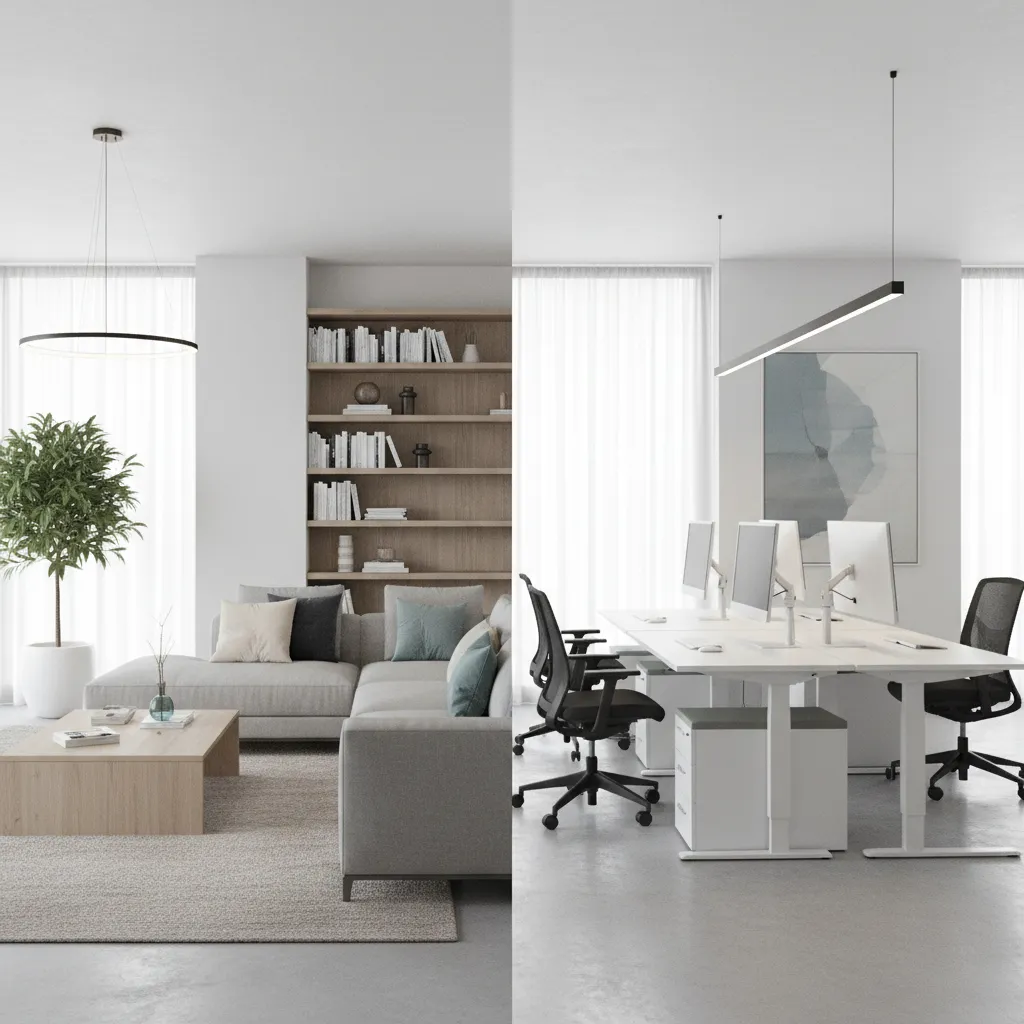 split view showing residential living room and modern office interior design