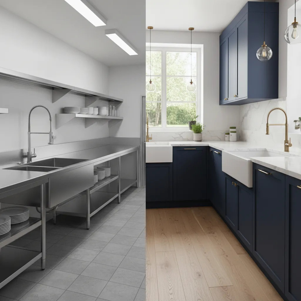 comparison between large commercial double sink and residential kitchen sink