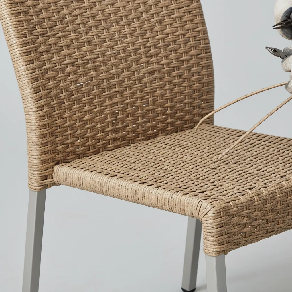 Close view of aluminum frame and resin wicker construction in a commercial dining chair