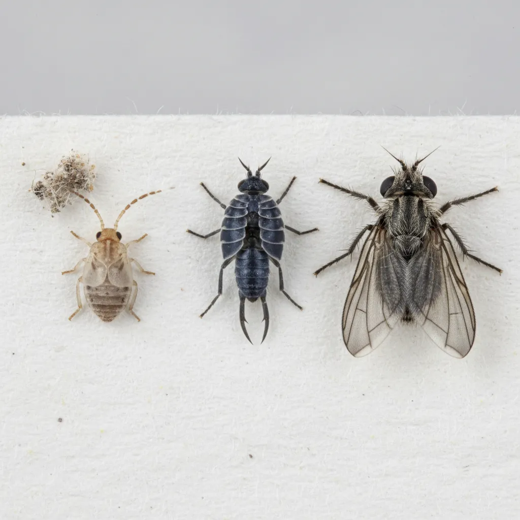 Examples of common bathroom insects including booklice springtails and drain flies