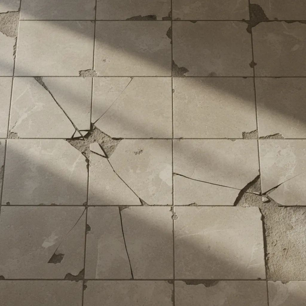 bathroom floor with cracked tiles and damaged grout