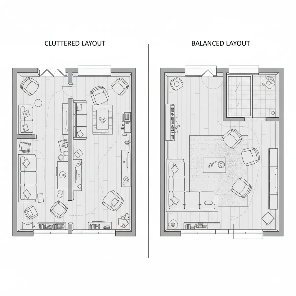 Comparison of good and bad furniture layout showing blocked walkways versus open circulation space