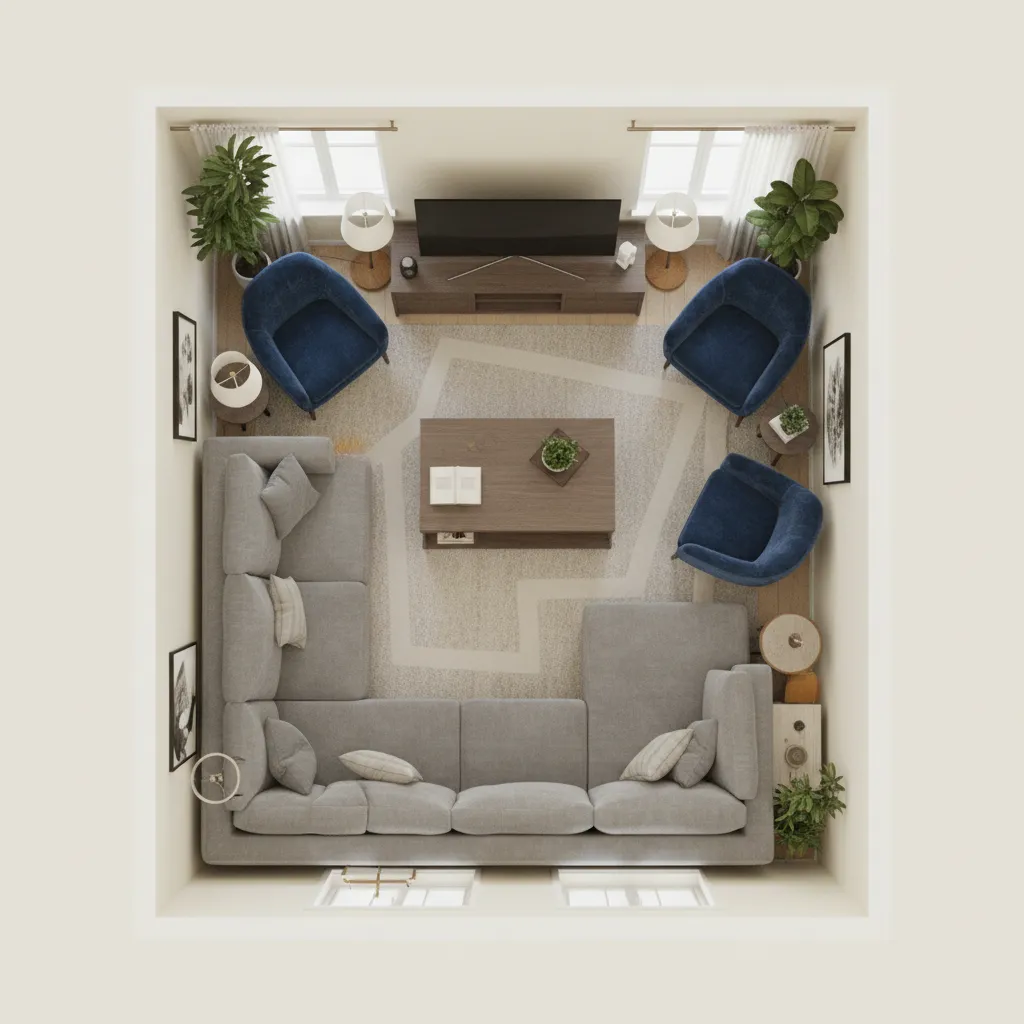 3D layout showing crowded furniture arrangement mistake in a small living room