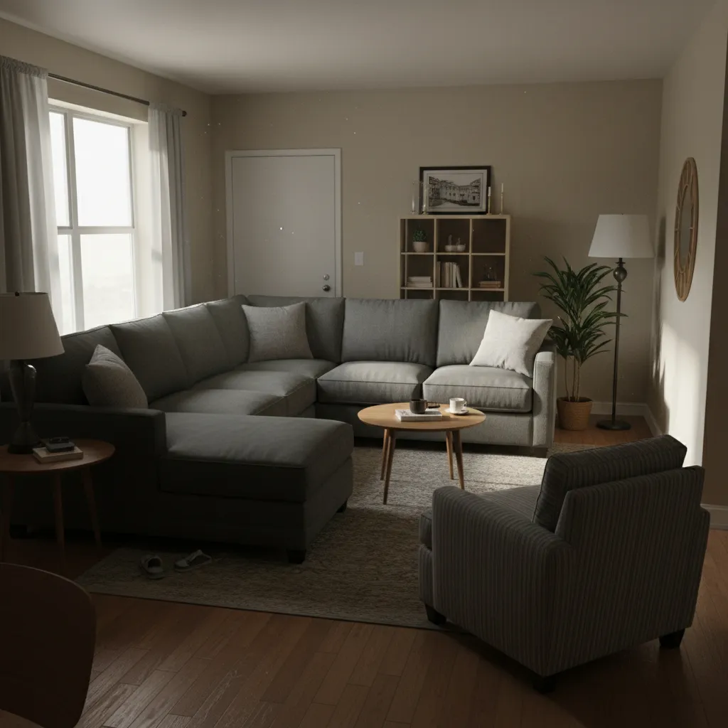 Sala con muebles demasiado grandes que bloquean el paso