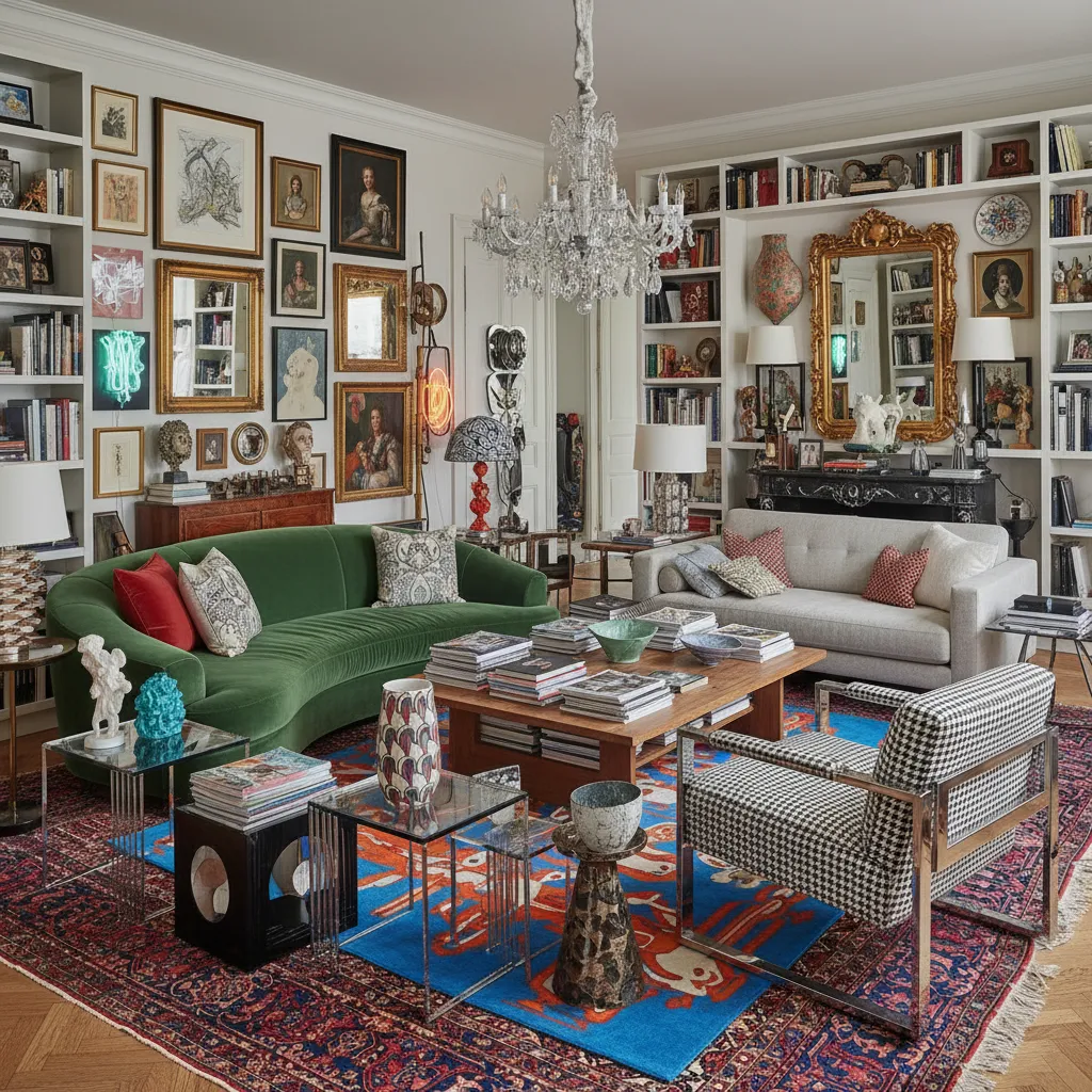 Sala con exceso de muebles de diseño que muestra un error común de decoración