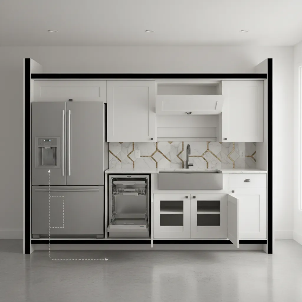 diagram style kitchen showing common cockroach hiding spots behind appliances and cabinets