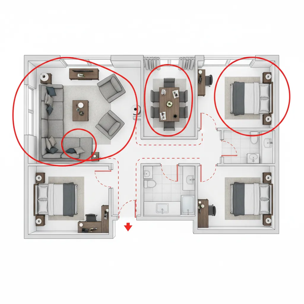 Plano de vivienda mostrando errores de distribución de muebles