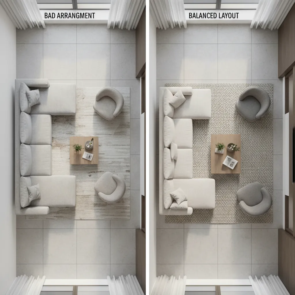 comparison of poor and balanced living room furniture layout