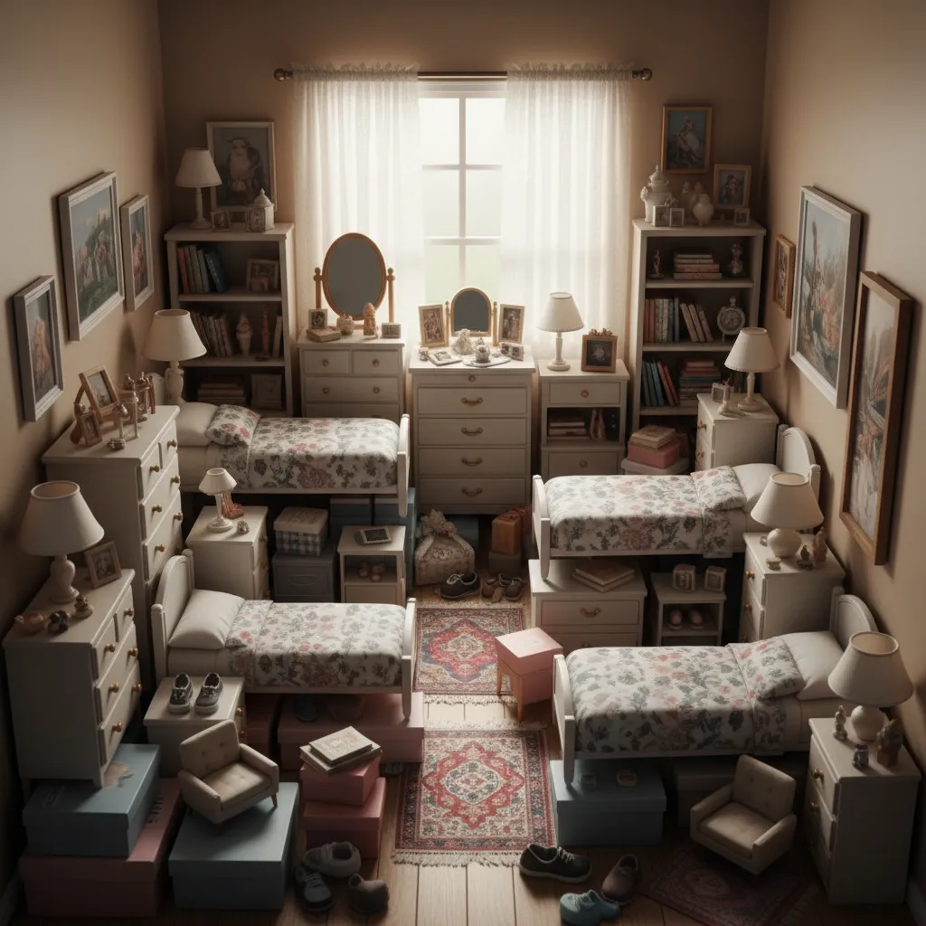 Dormitorio pequeño sobrecargado con demasiados muebles