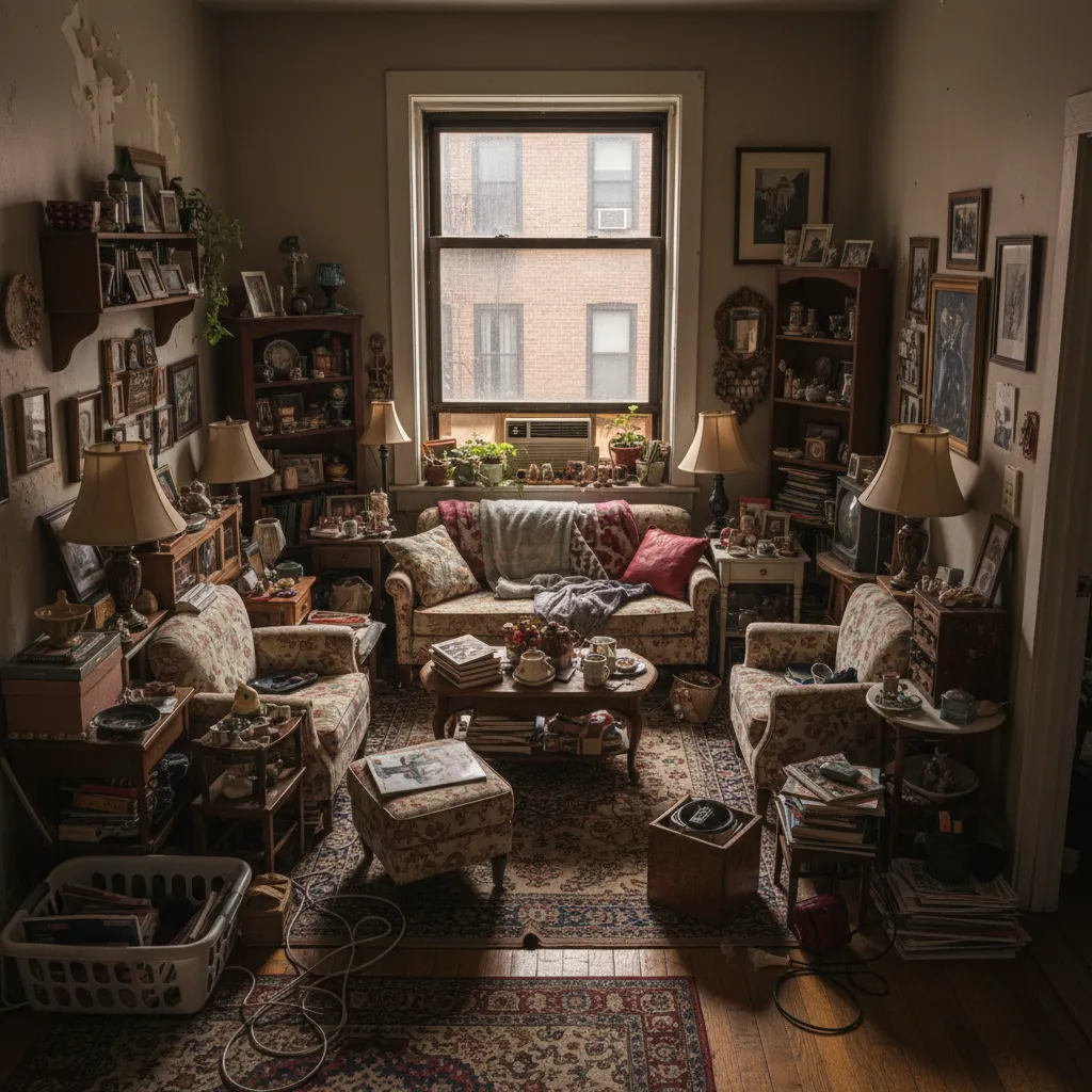 Sala pequeña saturada con demasiados muebles