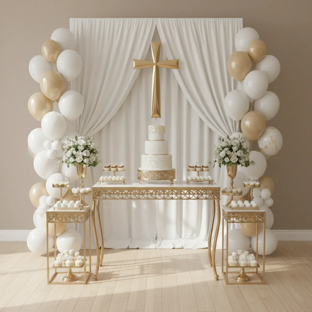 First Communion dessert table focal point with backdrop and simple decorations