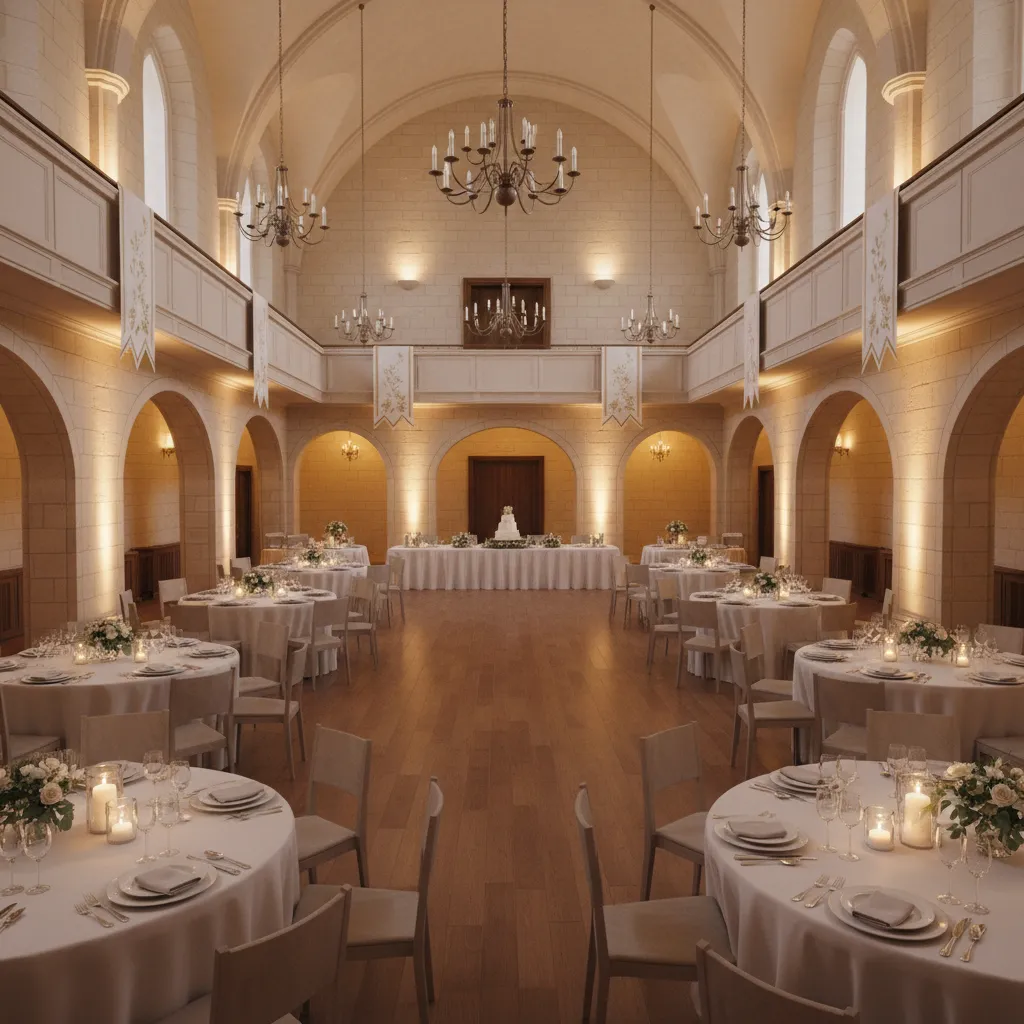 Soft lighting design with candles and warm uplighting at a First Communion party