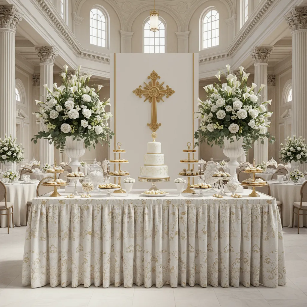 First Communion dessert and cake table with floral decorations and cross backdrop