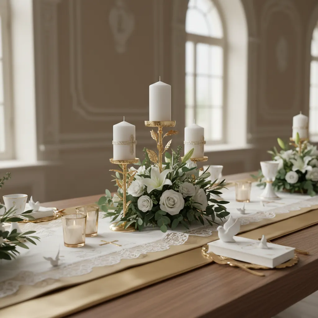 Balanced communion table centerpiece with candles flowers and layered decoration heights