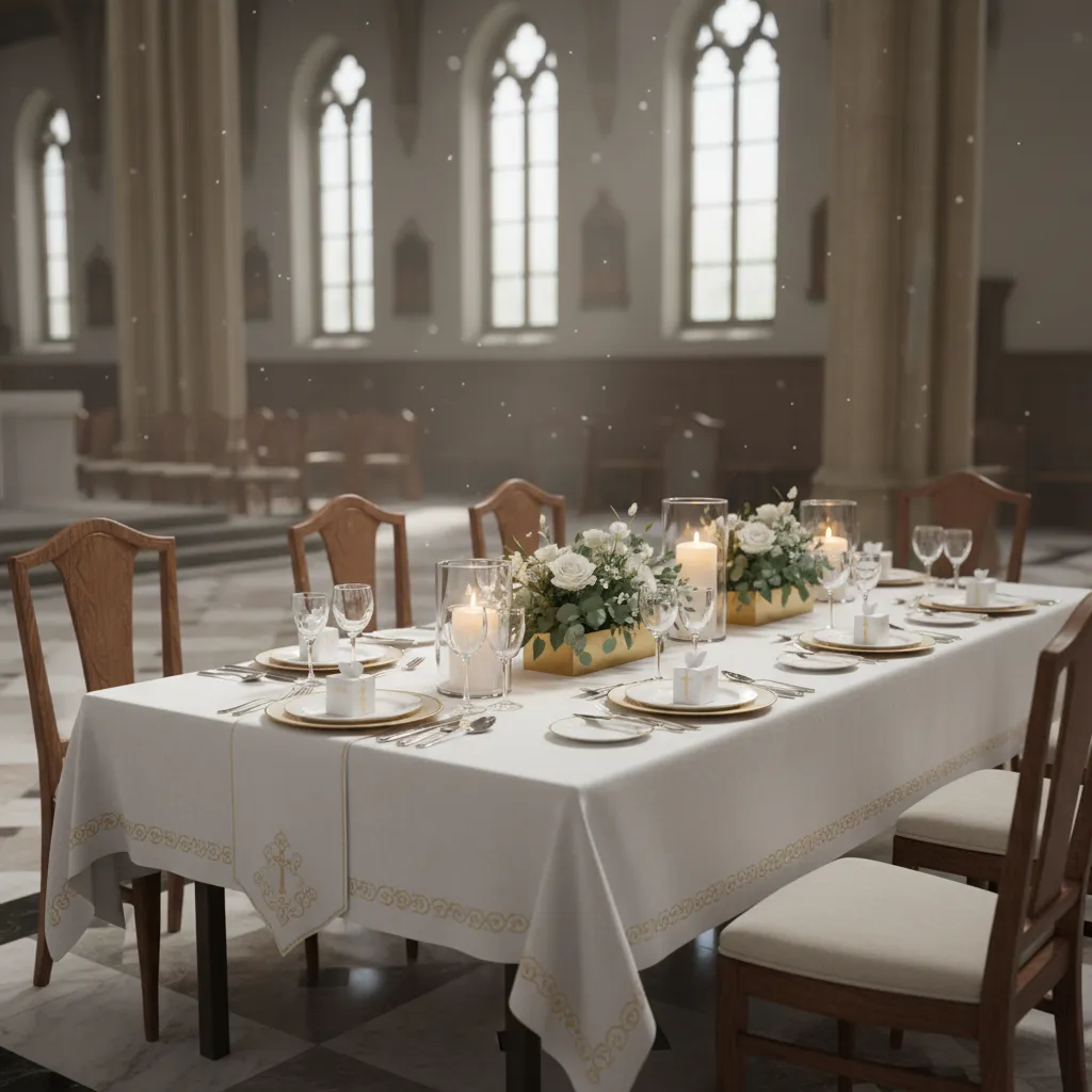 First Communion table decorations with LED candles and stable centerpieces