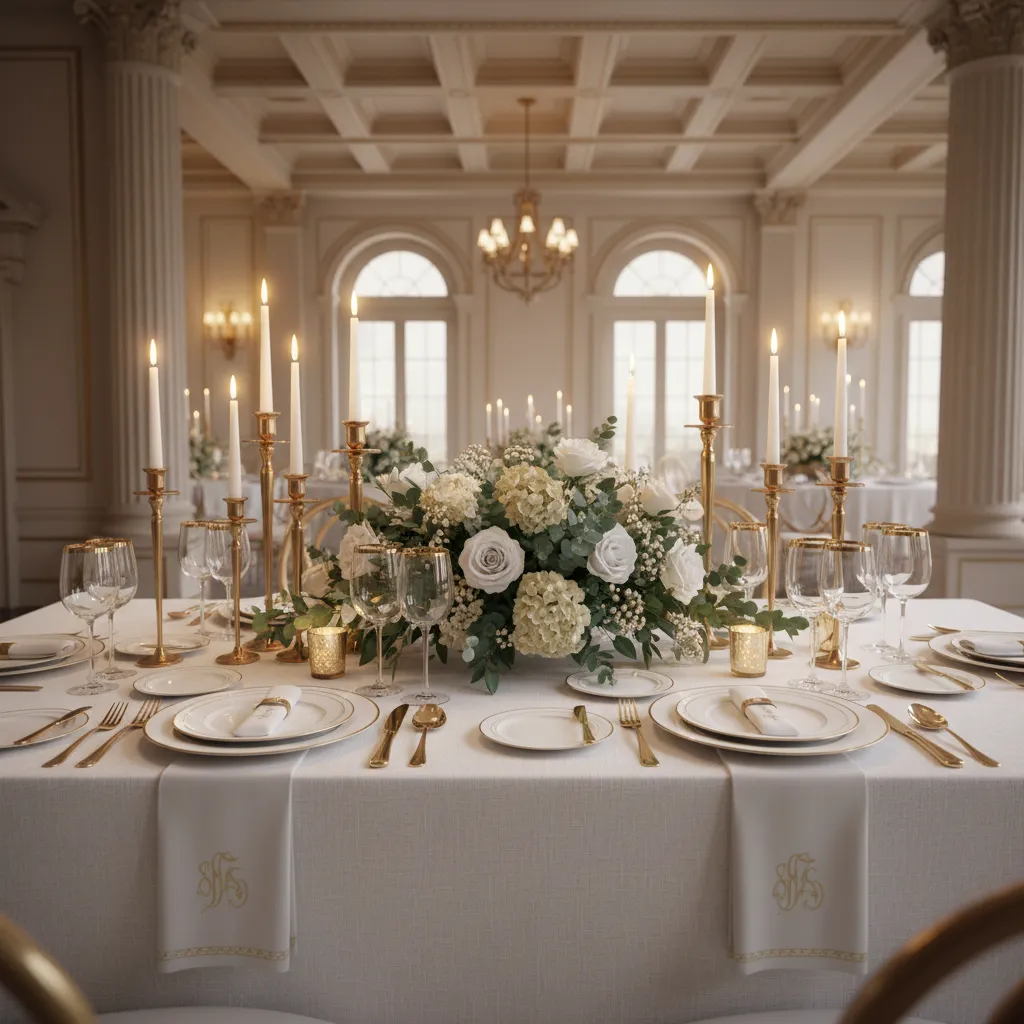 Elegant Communion table setting with floral centerpiece candles and white linens