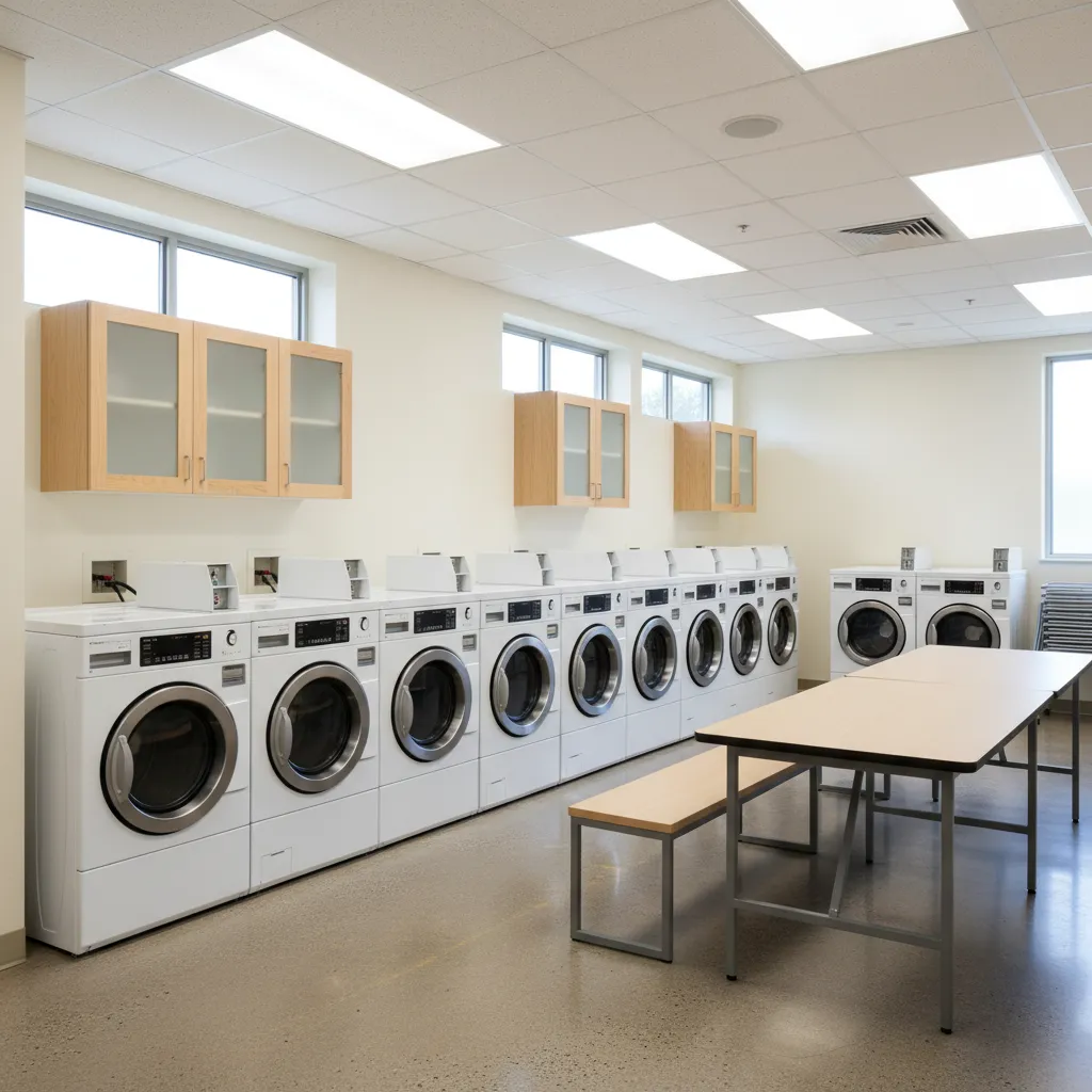 Small community center laundry room with several washing machines