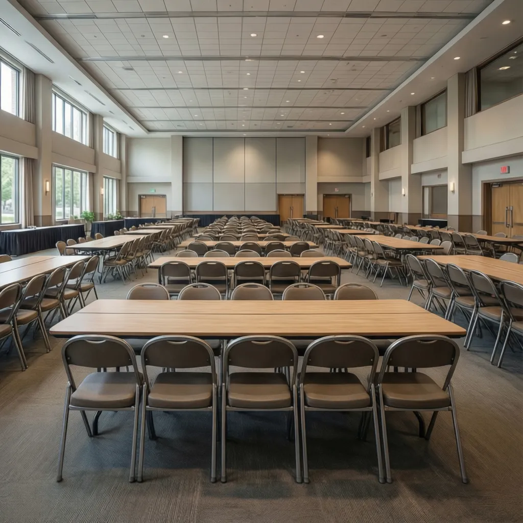 Large community dining hall with flexible banquet style tables