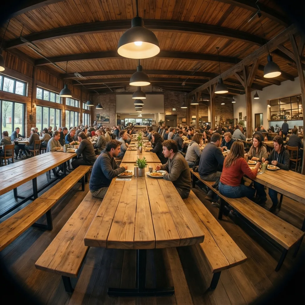 Crowded rustic dining room with people sitting at long wooden tables and benches under lights