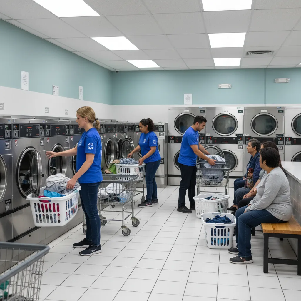 Community volunteers helping residents use free laundromat machines