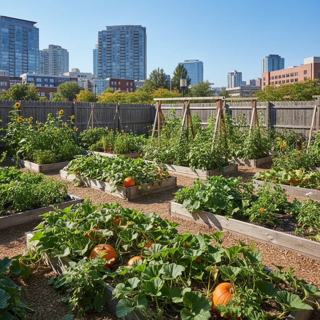 Urban community garden with pumpkin vines growing in raised beds