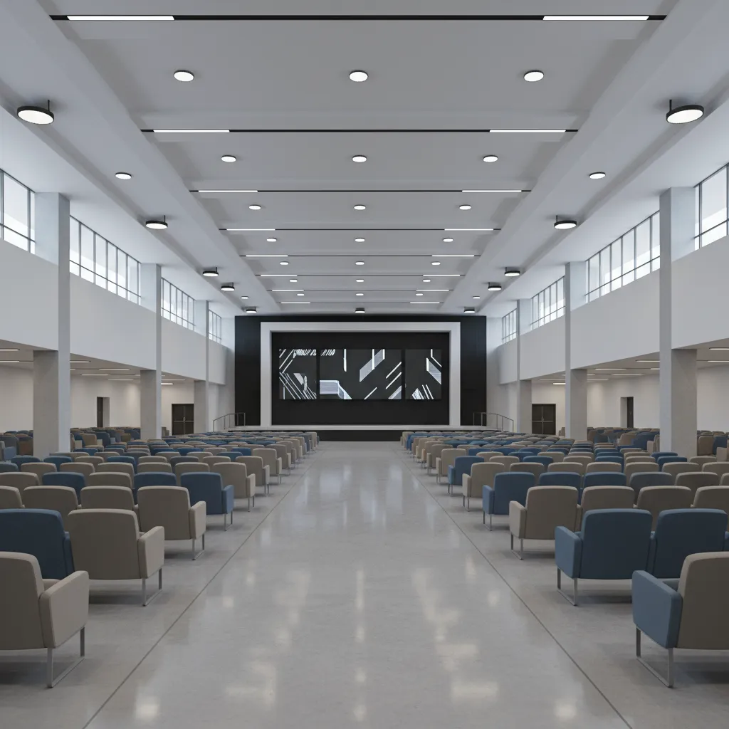 Community hall showing clear circulation paths and stage area