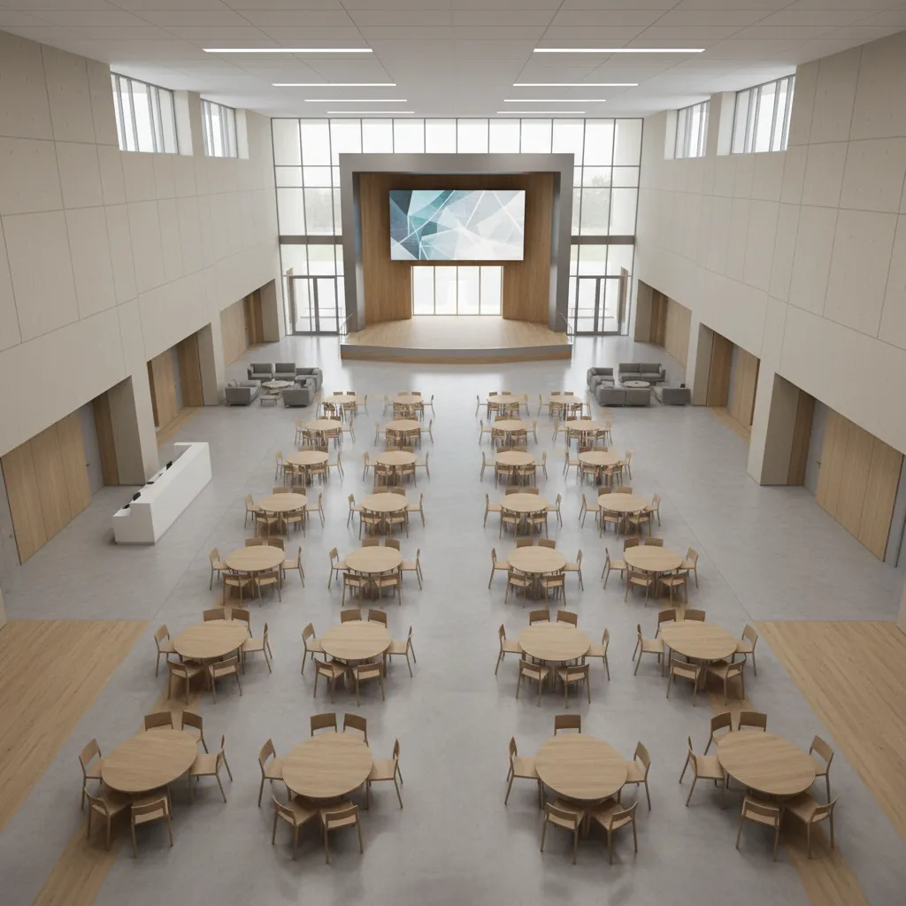community hall floor layout showing entrances seating zones and walking paths