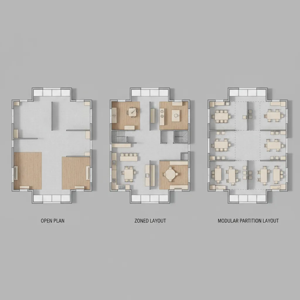 Diagram comparing open plan, zoned, and modular community hall layouts