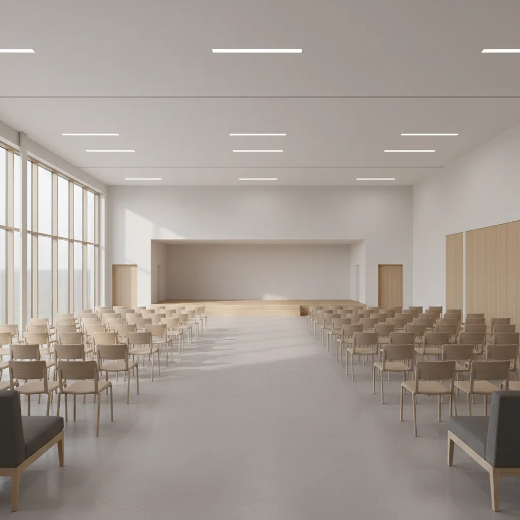 open sector community hall layout with stage and flexible seating