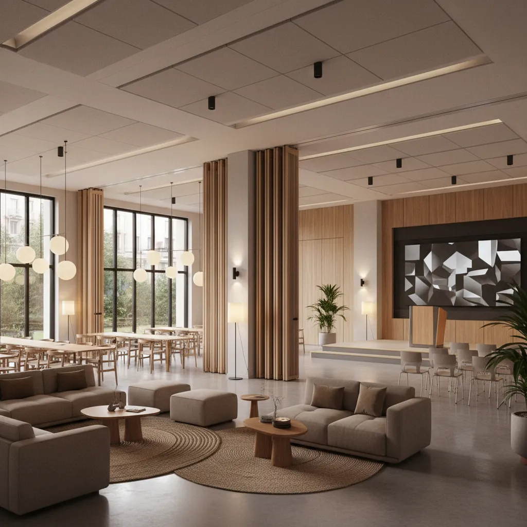 community hall divided into zones using temporary partitions and furniture