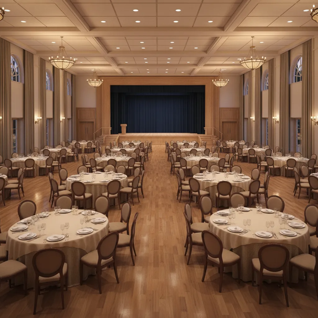 Balanced seating layout in community hall facing stage area