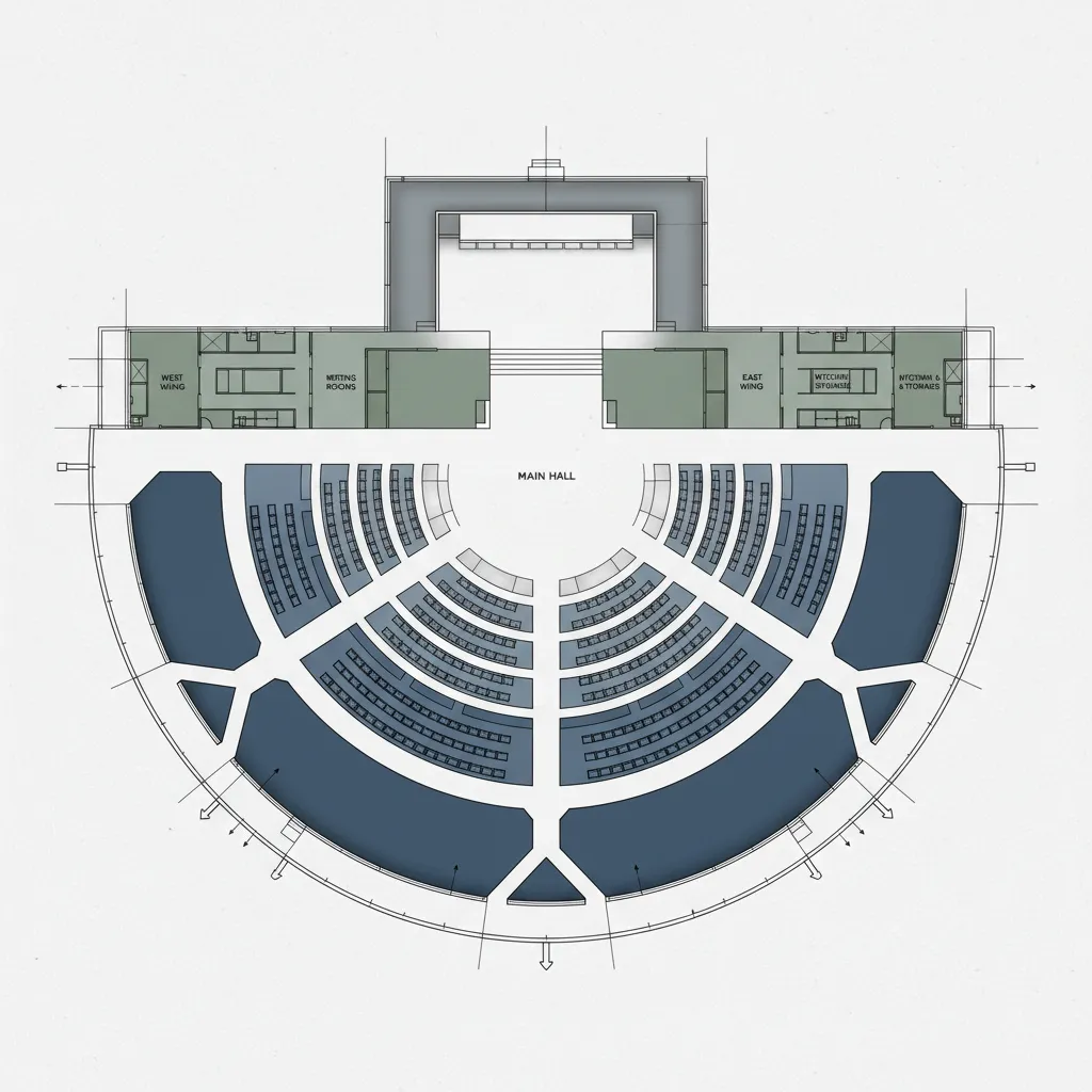 community hall floor plan showing sector planning and circulation routes
