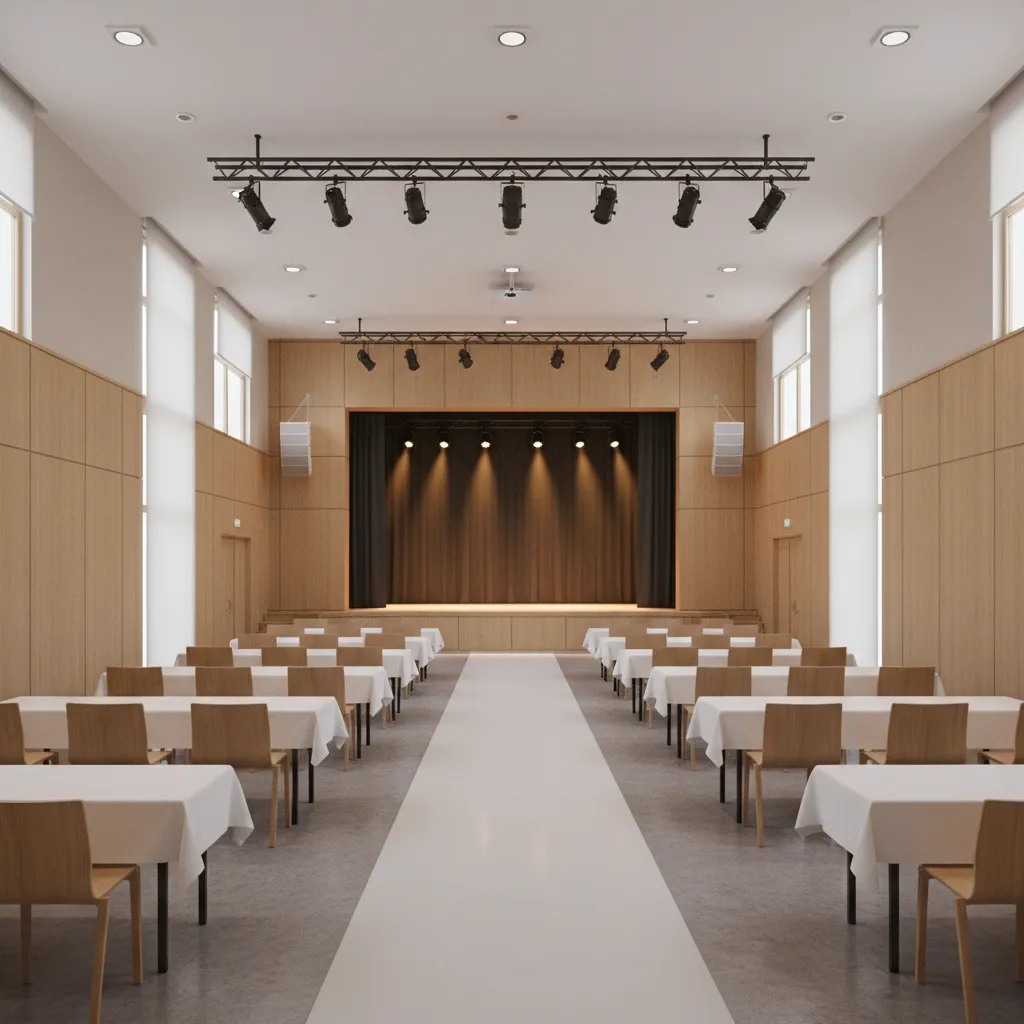 Community hall stage positioned along short wall with seating facing forward