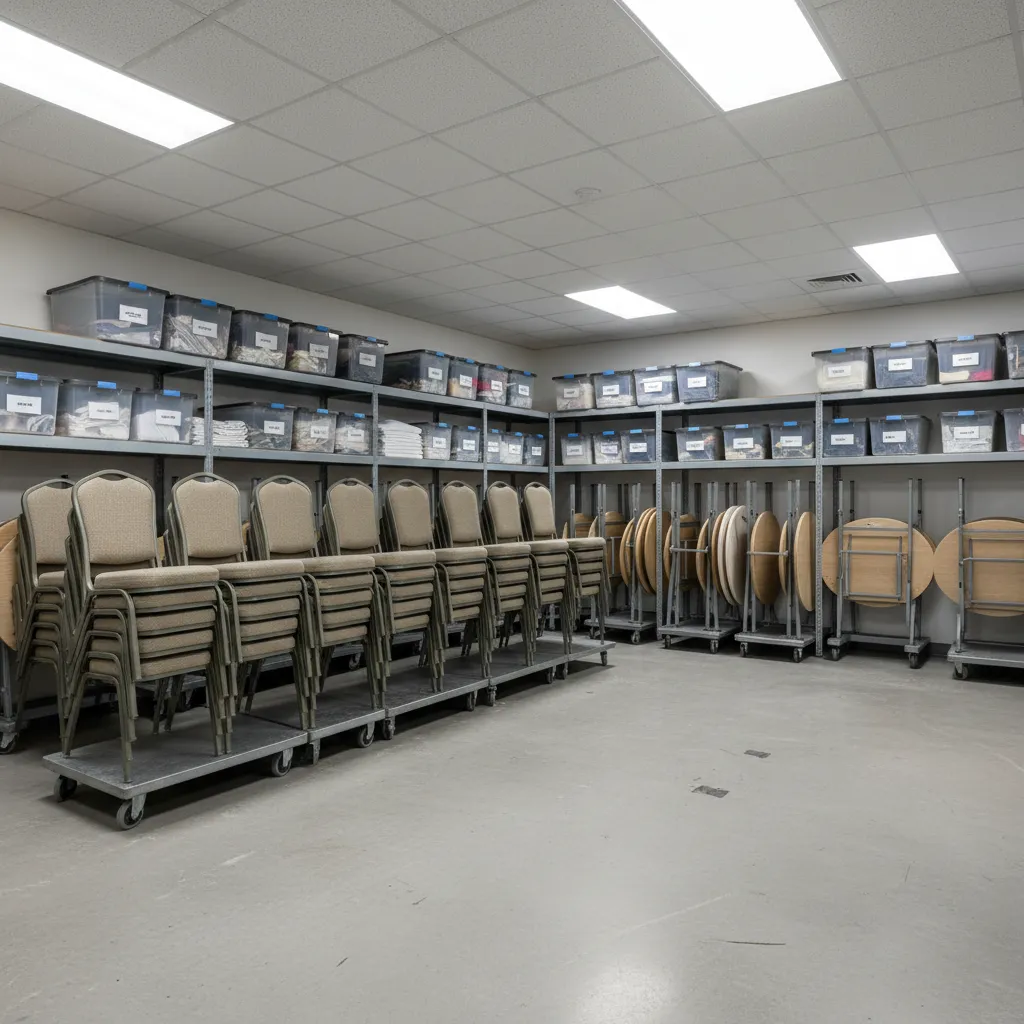 Community hall storage room with stacked chairs and tables