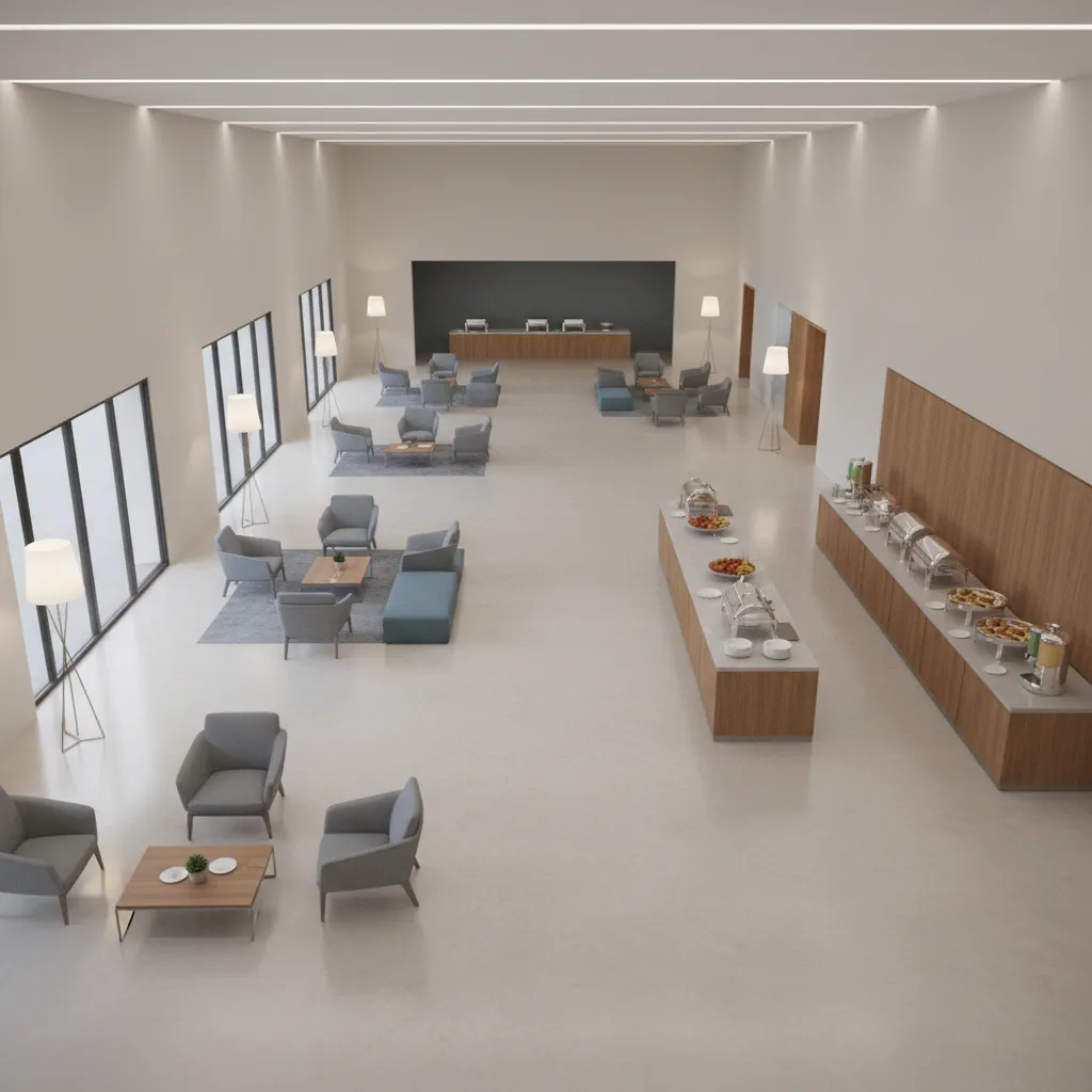 Diagram style interior rendering showing circulation paths through community hall sectors