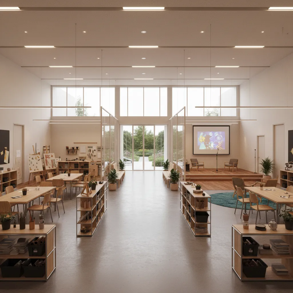 zoned community hall layout with workshop tables and stage area