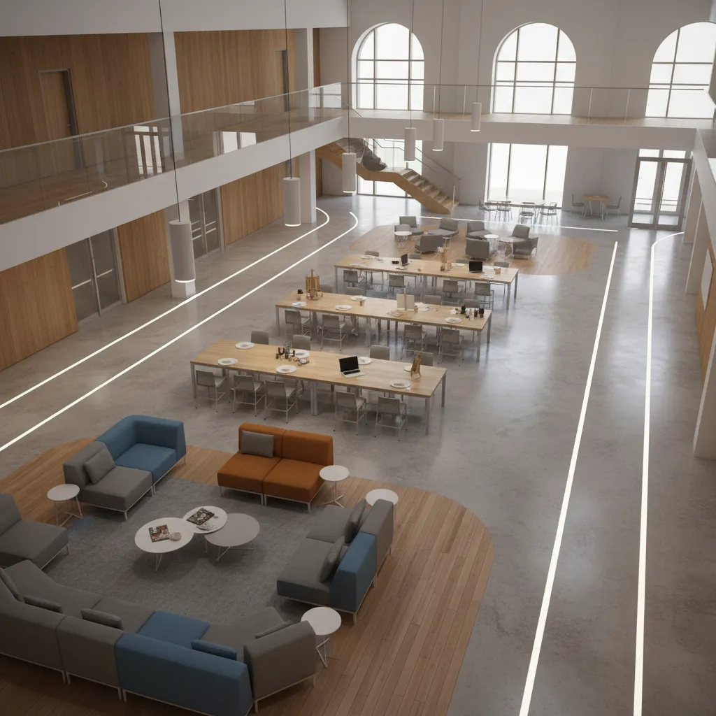 Community hall interior divided into activity zones with furniture groups