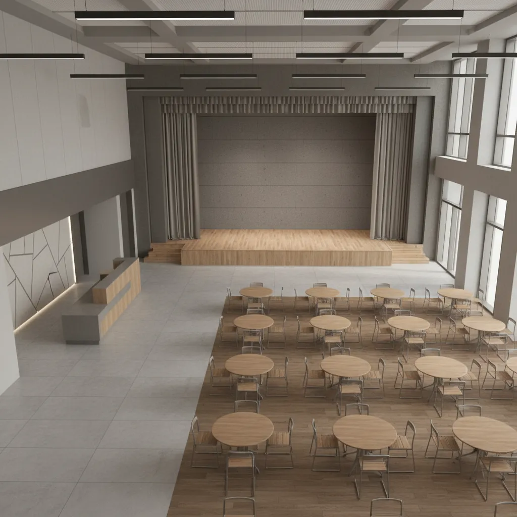 Community hall interior showing entrance zone, seating sector, and stage area layout