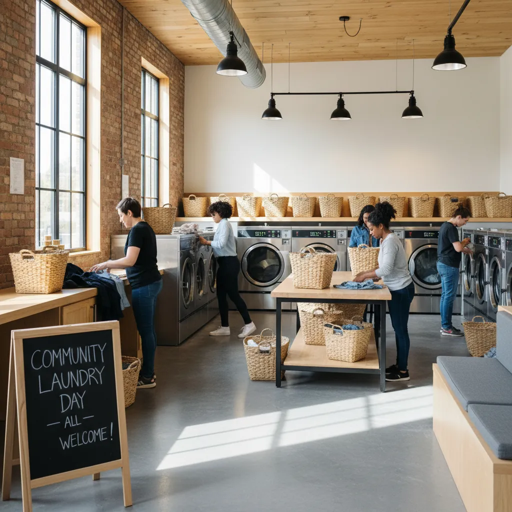 Community laundromat event with people using shared washing machines